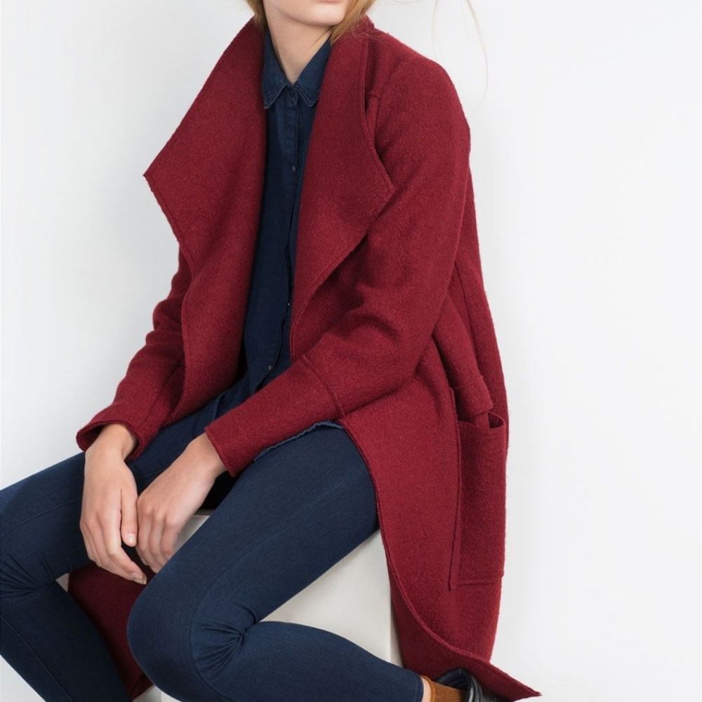 zara maroon red wrap coat